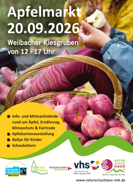 Ein Korb mit Äpfeln, im Hintergrund die Hände von zwei Personen, die einen Apfel essen.